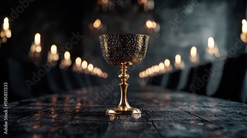 Elegant golden goblet displayed on a dark banquet table dramatic lighting close-up shot luxe atmosphere photo