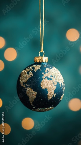 A decorative globe ornament hanging against a soft-focus background with warm bokeh lights, symbolizing global unity and celebration.
