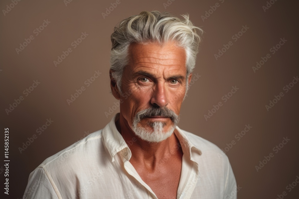 A man with a white shirt and gray hair is standing in front of a wall A man with a white shirt and gray hair is standing in front of a wall