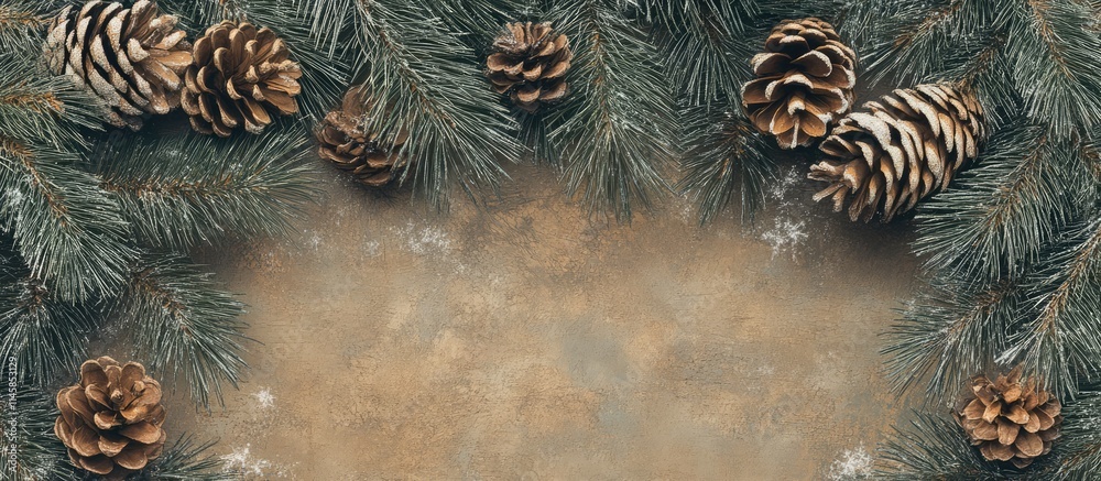 Naklejka premium Christmas wooden backdrop with fir branches and pine cones in a rustic winter theme for holiday decorations and seasonal events.
