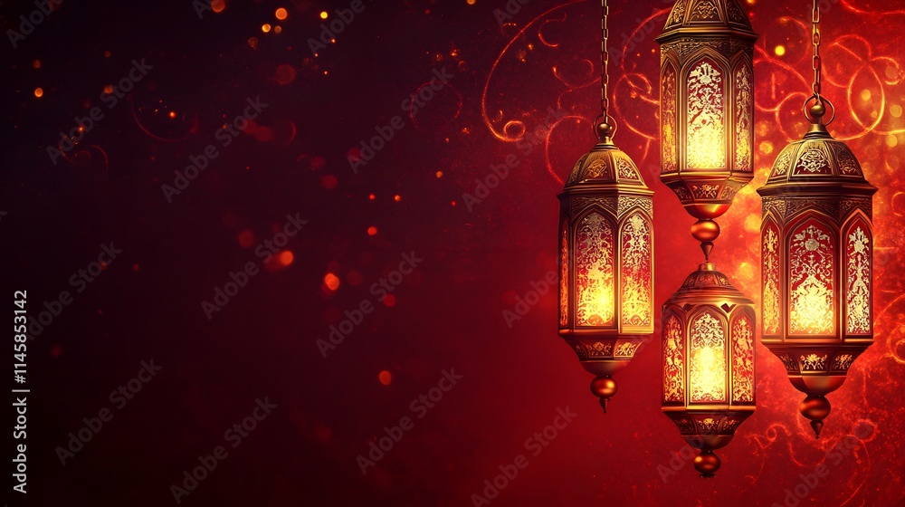 Elegant Ornate Lanterns Glow Against Red Background Elegant Ornate Lanterns Glow Against Red Background