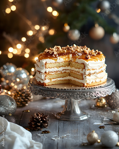 A beautifully decorated layered cake with whipped cream and nuts, set against a festive holiday background. photo