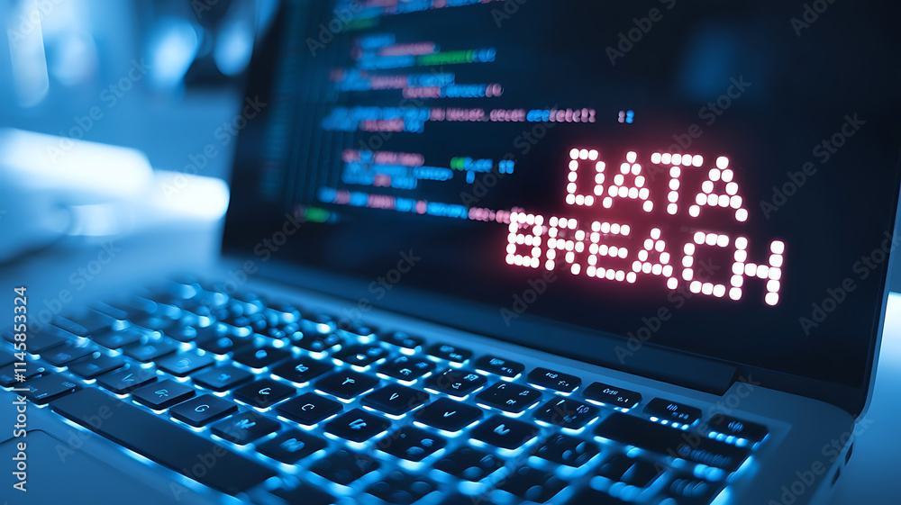 Cybersecurity Threat: Data breach, cybersecurity concept, hacking threat, cyber attack, laptop data security, information leak, red warning alert showing on laptop. Cybersecurity Threat: Data breach, cybersecurity concept, hacking threat, cyber attack, laptop data security, information leak, red warning alert showing on laptop.