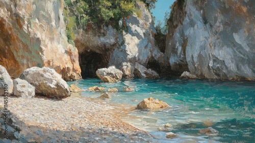Serene coastal landscape featuring a secluded pebbly beach nestled between towering cliffs and clear turquoise waters.