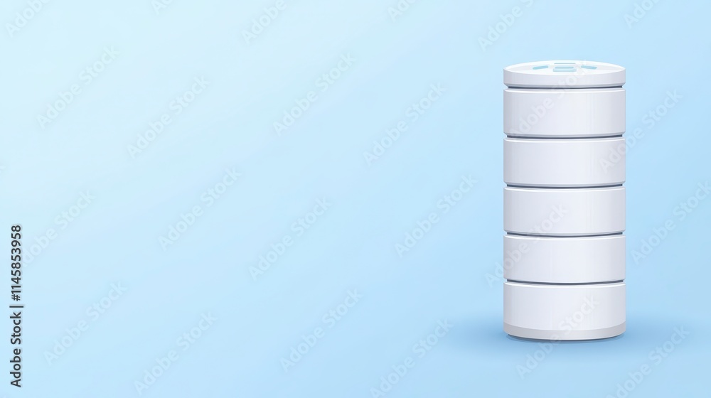 A sleek, white cylindrical object with multiple stacked sections against a light blue background. A sleek, white cylindrical object with multiple stacked sections against a light blue background.