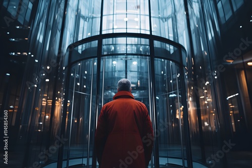 Man in Red Coat at Modern Glass Building Entrance