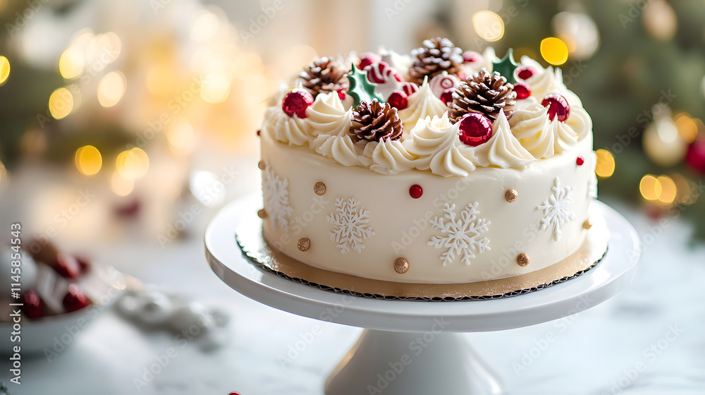 A beautifully decorated Christmas cake with pinecones and red berries. A beautifully decorated Christmas cake with pinecones and red berries.