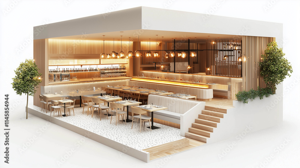 Isometric 3D rendering of modern restaurant with open dining and bar Isometric 3D rendering of modern restaurant with open dining and bar