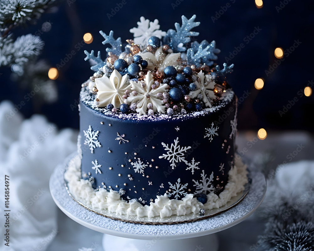 Fototapeta premium A beautifully decorated winter-themed cake featuring snowflakes, berries, and a blue color scheme.