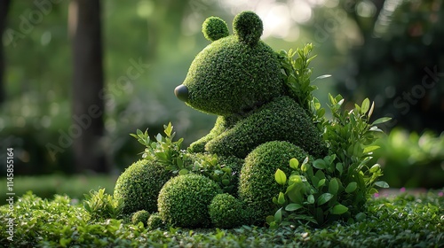 An intricate arrangement of green topiary sculptures shaped like animals, blending artistry and nature imagine abstract expressionism