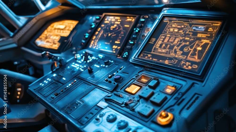 Fototapeta premium Futuristic aircraft cockpit control panel with digital displays and buttons.