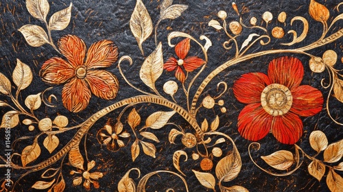 Handcrafted batik paper background with intricate floral designs in warm tones showcasing traditional artistry and texture.