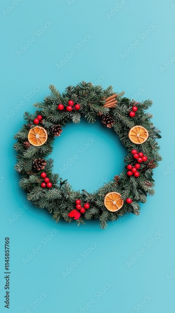 A festive Christmas wreath adorned with red berries and dried orange slices, set against a bright blue background. A festive Christmas wreath adorned with red berries and dried orange slices, set against a bright blue background.
