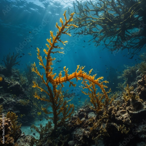 A unique underwater scene featuring a leafy sea dragon blending in with kelp. photo