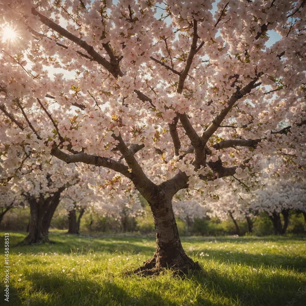An enchanting cherry tree in full bloom, its delicate pink and white flowers gracefully adorning the branches. An enchanting cherry tree in full bloom, its delicate pink and white flowers gracefully adorning the branches.