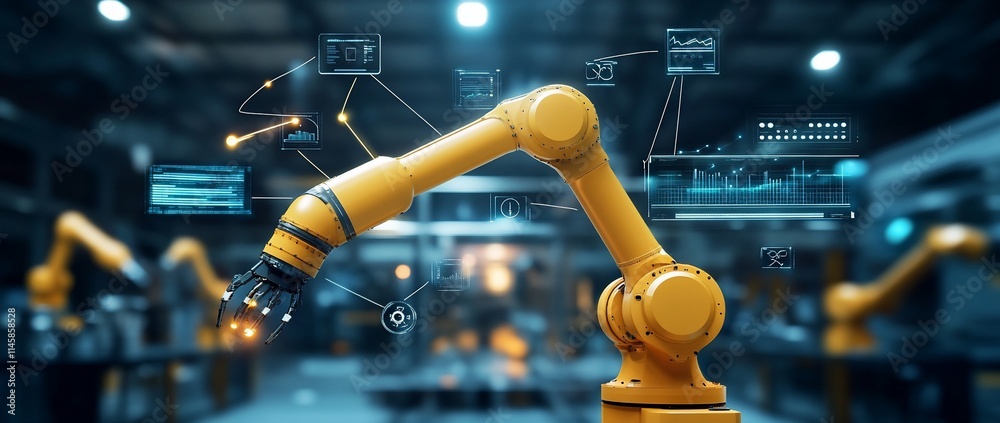 Fototapeta premium Smart factory automation robotic arm with digital interface.