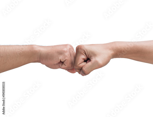 Two men fist bump isolated on white background. Fist bump. Competition. Gesture of respect or acceptance. Teamwork and friendship. Partnership concept. Fist bump together. photo