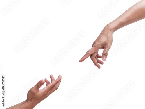 Hands pointing fingers together isolated on white background. Helping hands concept.