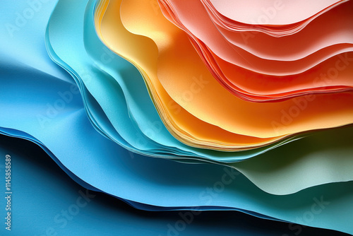 Folded colored sheets of paper stand on the table, top view of the edge of the sheets of paper. Abstract background with colored paper. photo