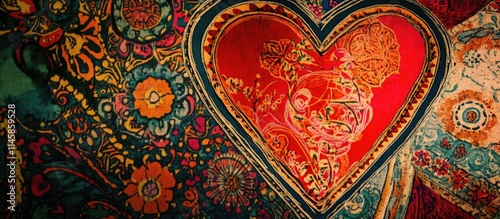 Colorful heart design with intricate floral patterns on a textured fabric background. Ideal for romantic or artistic themed projects.