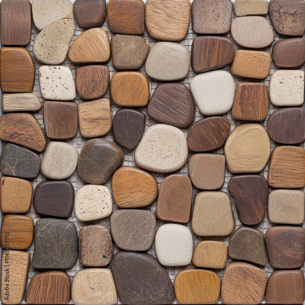 Fototapeta premium mosaic pattern made from natural stones and wood pieces in earthy tones, perfect for eco-friendly 