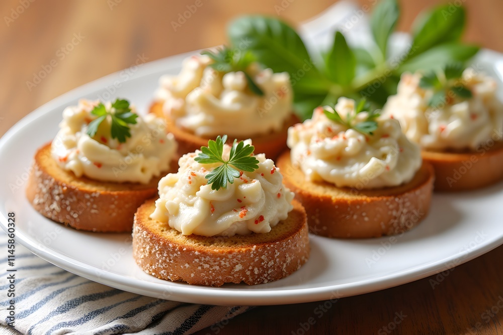 Gourmet garlic bread bites with cream cheese and parsley garnish on white plate, taramosalata Gourmet garlic bread bites with cream cheese and parsley garnish on white plate, taramosalata