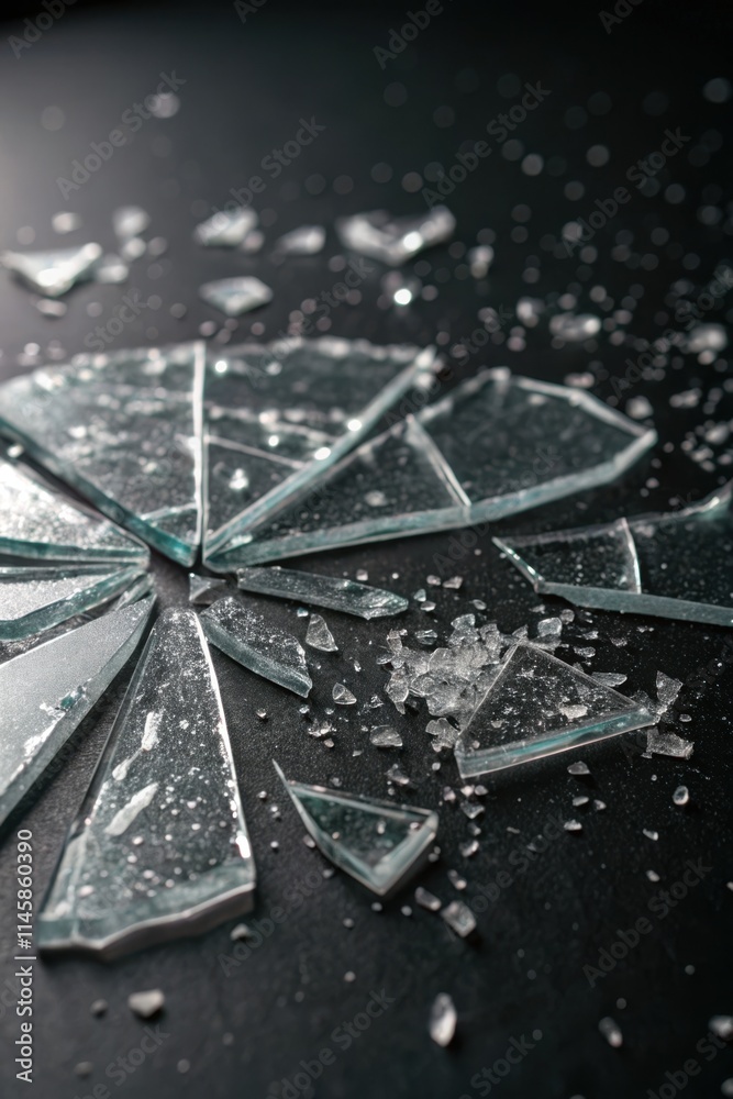 Shattered glass shards scattered on a dark surface Shattered glass shards scattered on a dark surface