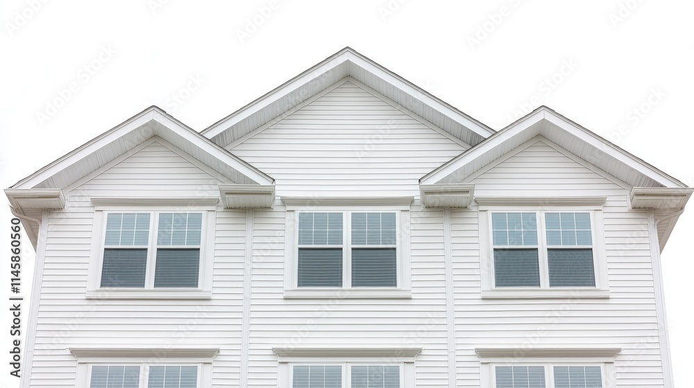 White house exterior with three gables and windows. White house exterior with three gables and windows.