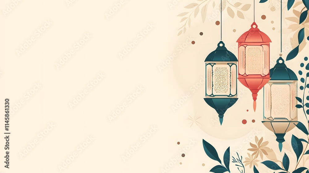 Naklejka premium Elegant Ramadan Lanterns Hanging with Floral Decor
