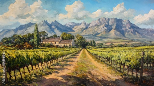 Vibrant vineyard landscape with mountains and farmhouse under a blue sky ideal for wine tourism promotions and artful decor. photo