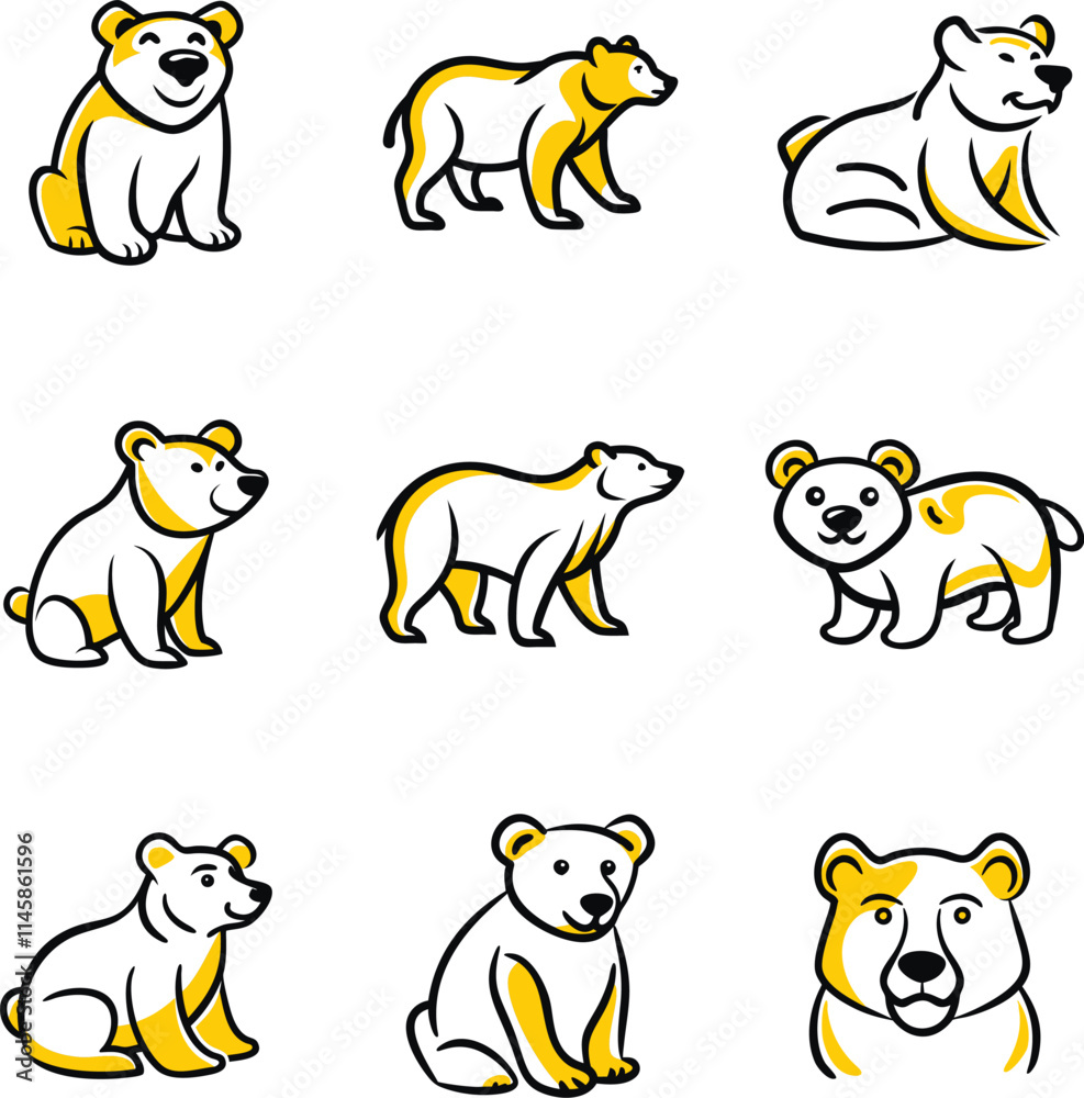 Obraz premium Icons set bear mascot, emblems, symbols, icons set. Flat Design illustration different style