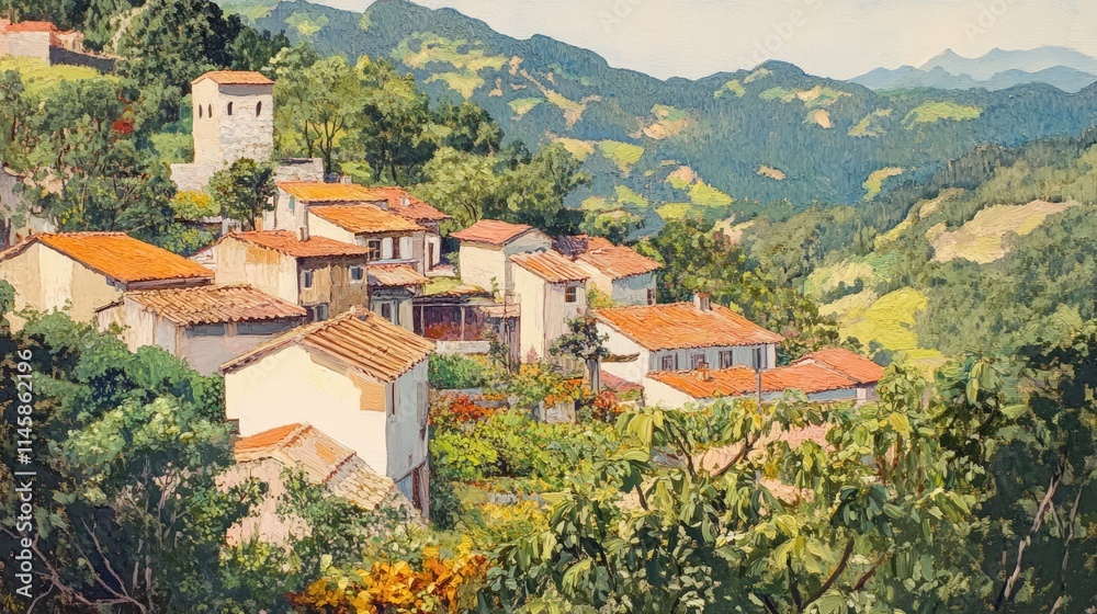 Obraz premium Charming hillside village with terracotta rooftops surrounded by lush greenery and rolling mountains in the background