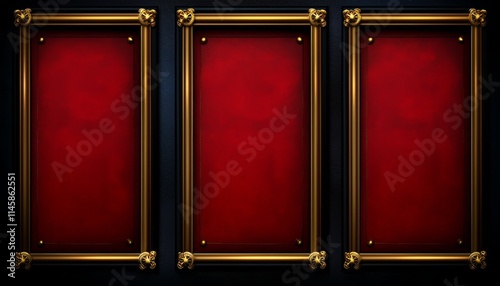 Three ornate gold frames hold red velvet panels photo