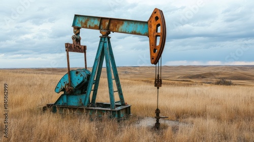 Solitary Oil Pump Jack in the Vast Prairie Landscape photo