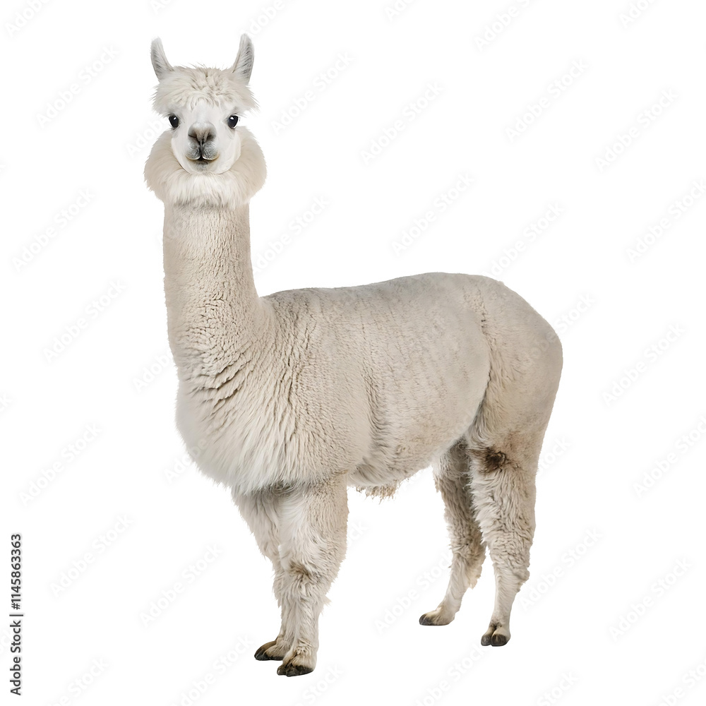 Fototapeta premium Realistic photo of full body a fluffy alpaca with soft white wool standing, isolated on transparent background