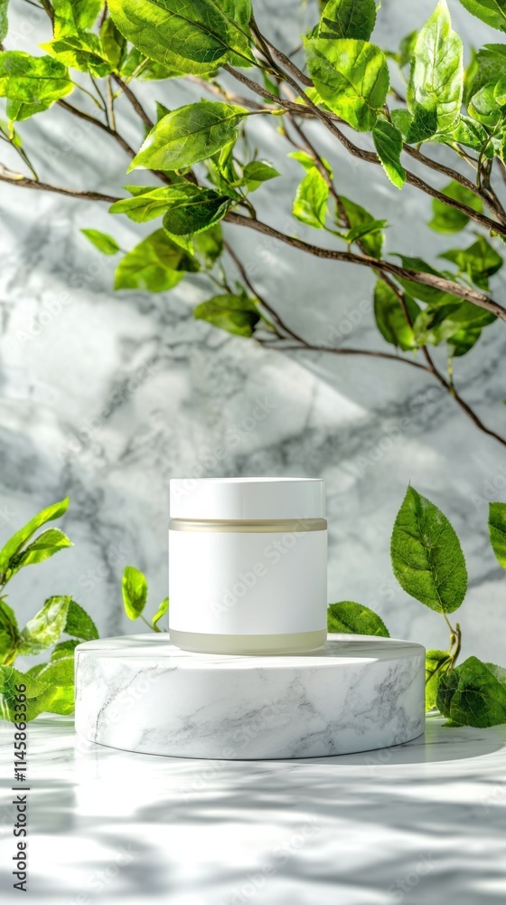 Elegant White Cosmetic Jar Displayed on Marble Surface with Leaves Elegant White Cosmetic Jar Displayed on Marble Surface with Leaves