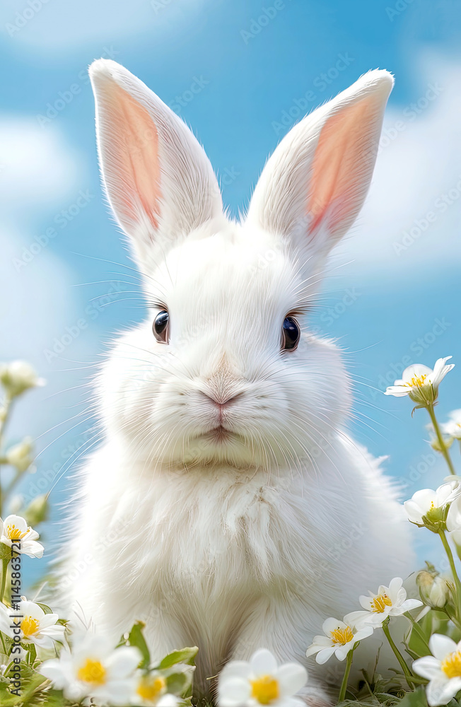 Rabbit, Easter bunny on floral background. Funny bunny on floral background. May Easter bunny. Holiday, symbol, identity.
Rabbit, Easter bunny on floral background. Funny bunny on floral background. May Easter bunny. Holiday, symbol, identity.