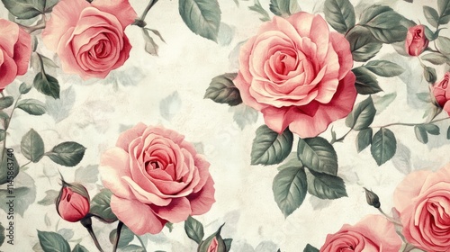 Vintage floral pattern featuring delicate pink roses and green leaves on a soft textured background ideal for elegant design projects.