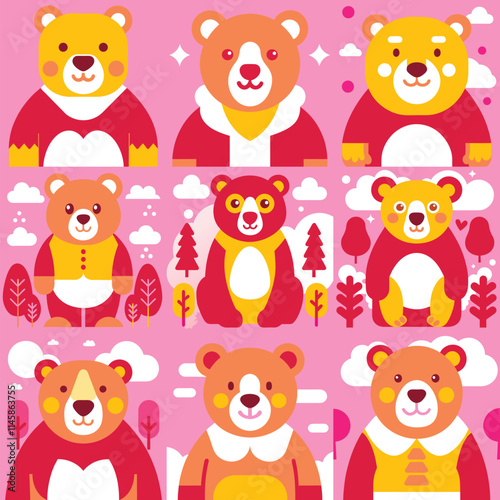 Cartoon vector set of brown grizzly bear, isolated on background. Flat design collection