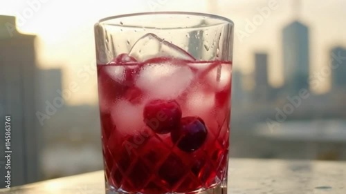 Wallpaper Mural Deep red cherry cocktail glinting in a crystal glass with blurred city views and soft bar lights setting the mood Torontodigital.ca