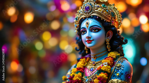 Beautiful idol of Goddess adorned in vibrant colors, symbolizing divine energy, spirituality, and cultural richness