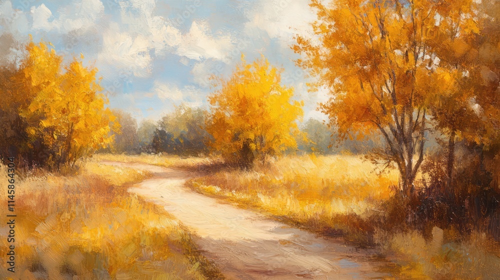 Obraz premium Autumn Landscape with Vibrant Golden Hues Along a Winding Path Amidst Colorful Foliage and Scenic Natural Beauty