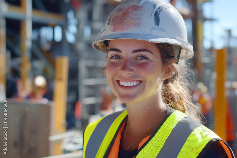 Smiling young woman in hard hat and safety vest at construction site Smiling young woman in hard hat and safety vest at construction site