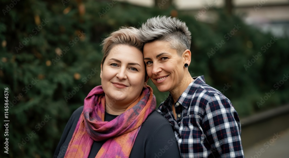 Two diverse adult women with short hair smiling outdoors in autumn Two diverse adult women with short hair smiling outdoors in autumn