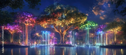 Trembesi trees illuminated with vibrant lights by the lake showcasing stunning dancing fountains in a magical nighttime setting photo