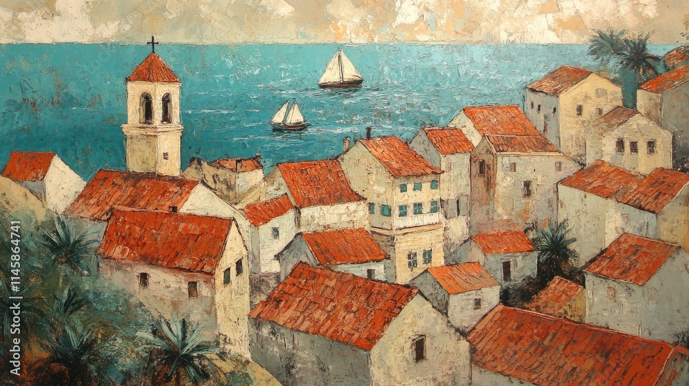 Fototapeta premium Scenic view of red-roofed houses and church bell tower overlooking a serene sea with sailboats from a lush green hilltop