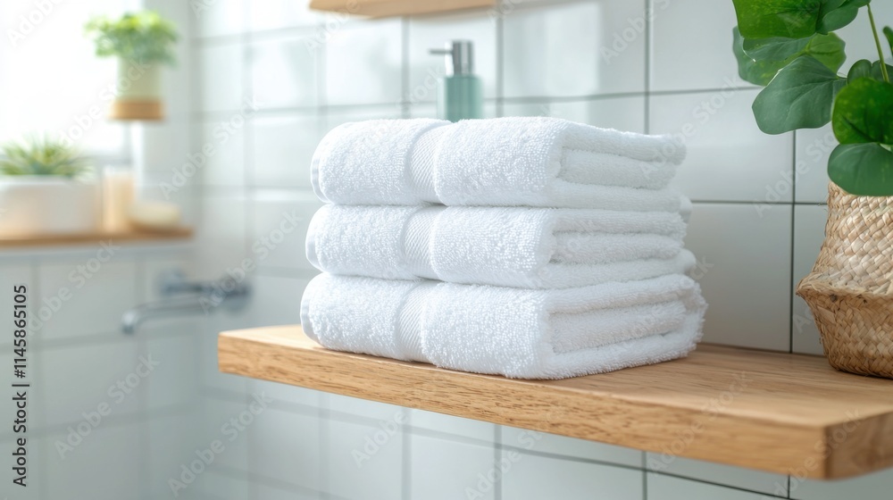 Soft White Towels Stacked on Modern Bathroom Shelf with Greenery Soft White Towels Stacked on Modern Bathroom Shelf with Greenery