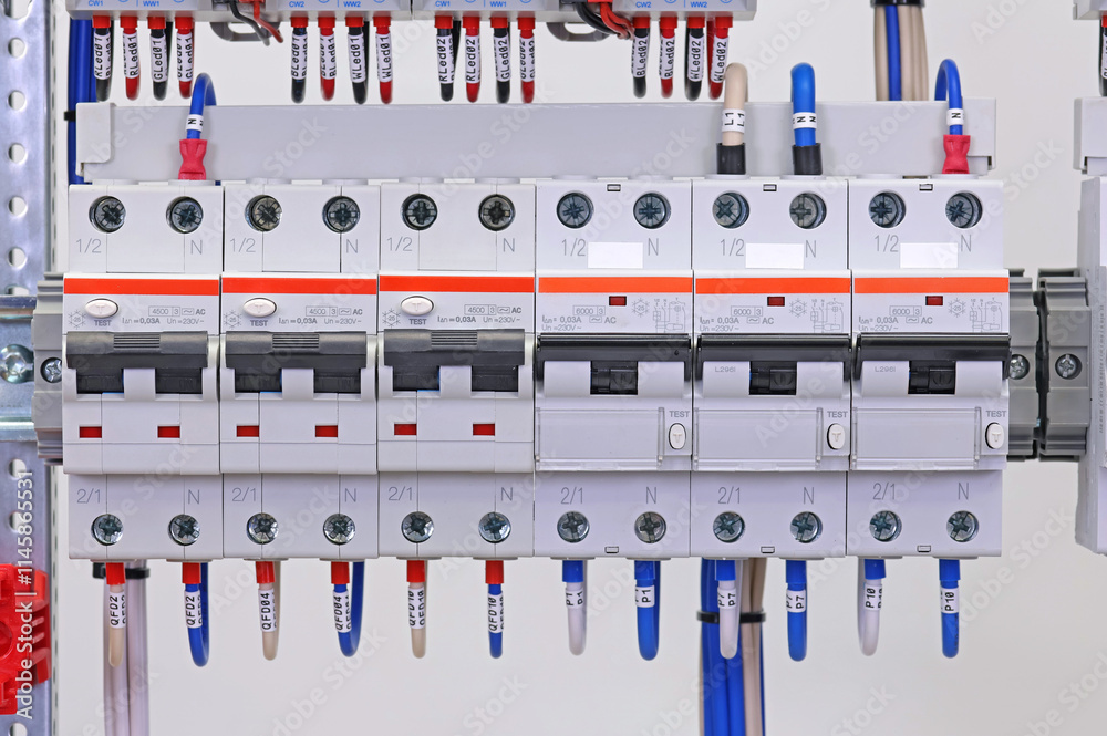 Circuit breakers to protect electrical loads in the electrical switchboard. Soft focus. Close-up. Circuit breakers to protect electrical loads in the electrical switchboard. Soft focus. Close-up.