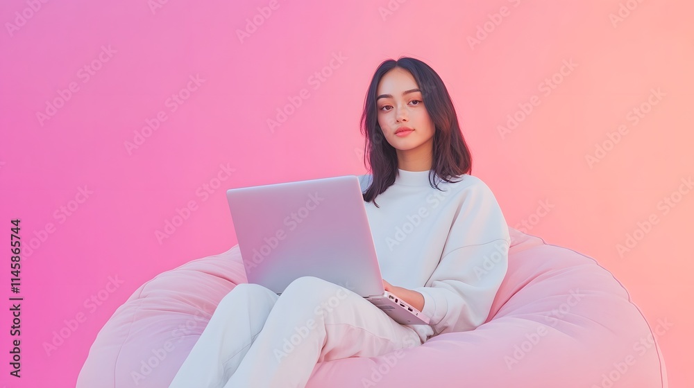 a woman sitting on a beanbag using her laptop, Generative AI a woman sitting on a beanbag using her laptop, Generative AI