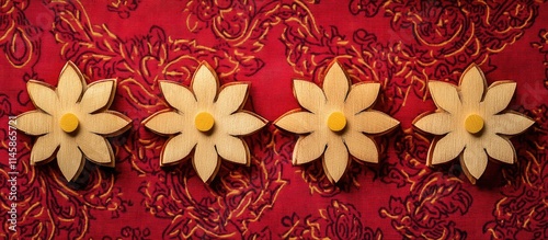 Four wooden flower motifs with yellow centers arranged on an intricate red patterned fabric background showcasing craftsmanship and design elegance.